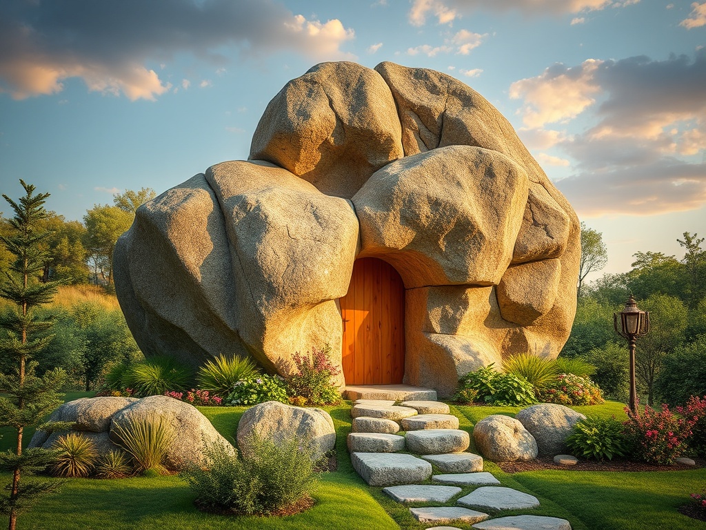 Каменный дом с деревянной дверью, окружённый зелёными растениями и каменными дорожками.