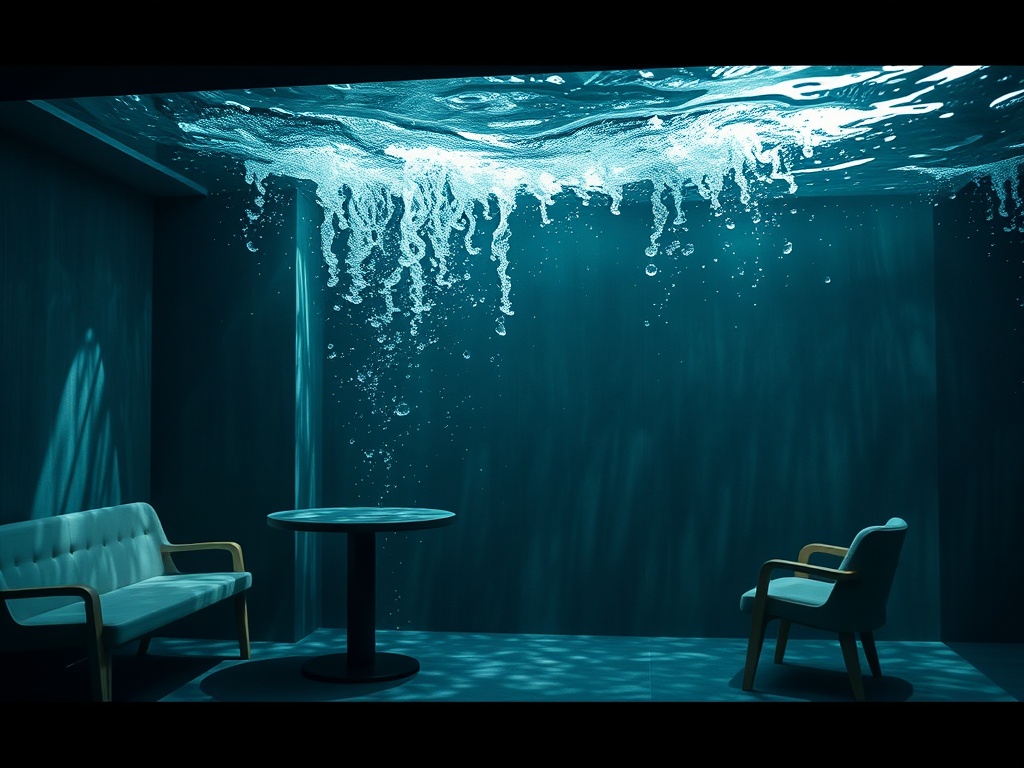 В помещении с водяным потолком, два кресла и стол, освещенные мягким светом.