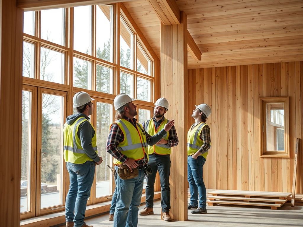 Четыре строителя в касках и жилетах обсуждают проект в светлом помещении с большими окнами.