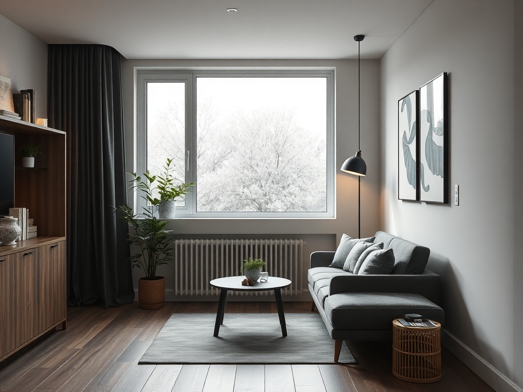 Светлая уютная комната с диваном, столом и большими окнами, за которыми виднеются деревья.