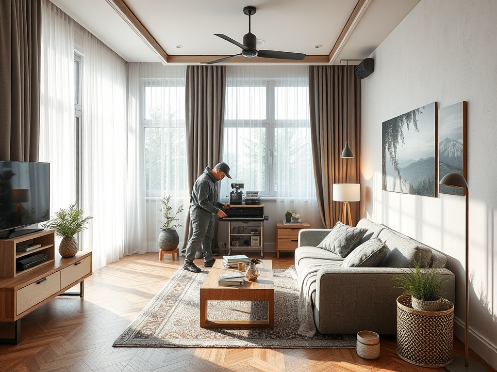 Современная гостиная с диваном, телевизором и мужчиной, который настраивает музыкальную аппаратуру.