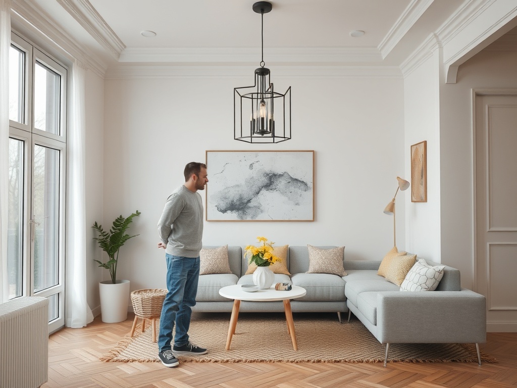 Современный светлый интерьер гостиной с угловым диваном и человеком, рассматривающим декор.