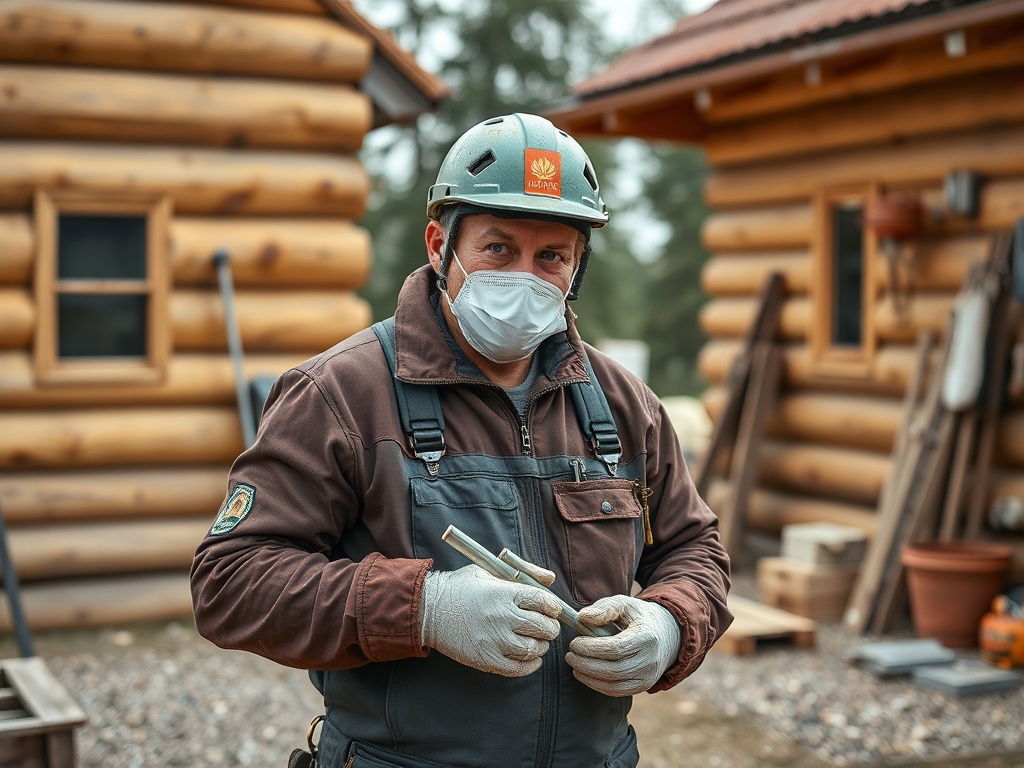 Рабочий в защитном шлеме и маске с инструментами на фоне деревянных строений.