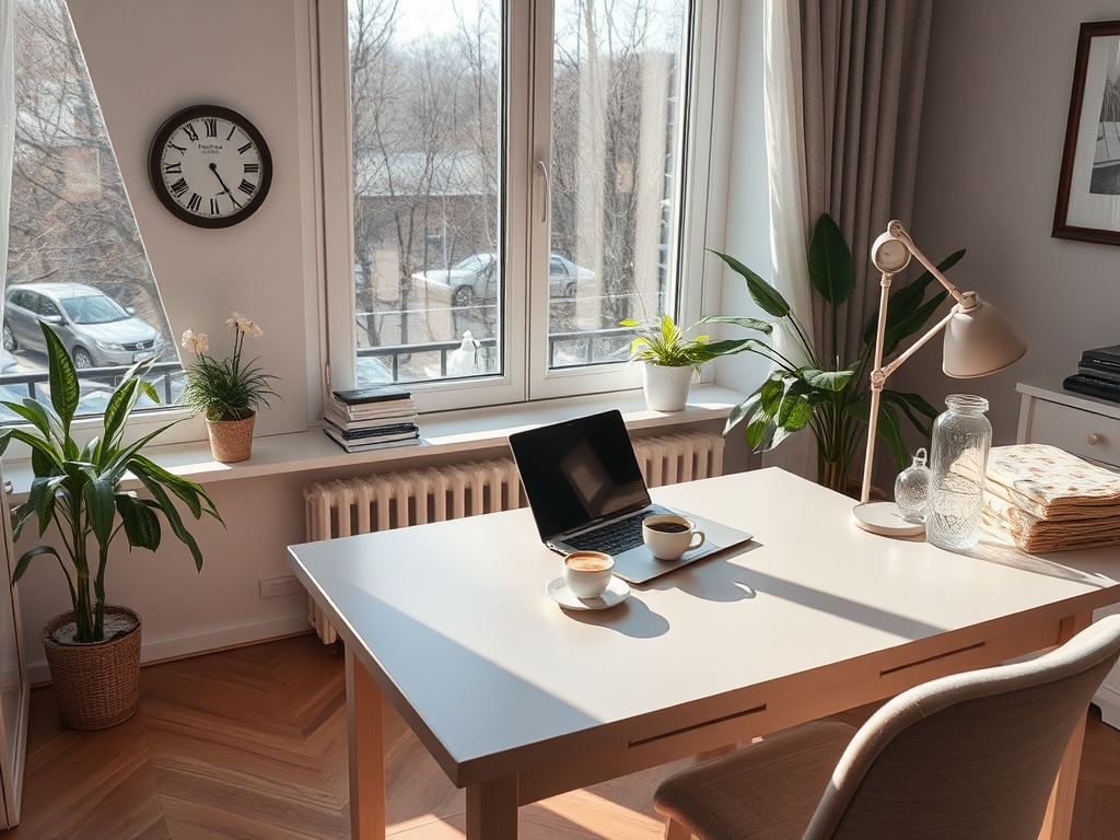 Светлое современное офисное пространство с столом, растениям и ноутбуком у большого окна. Часы на стене.