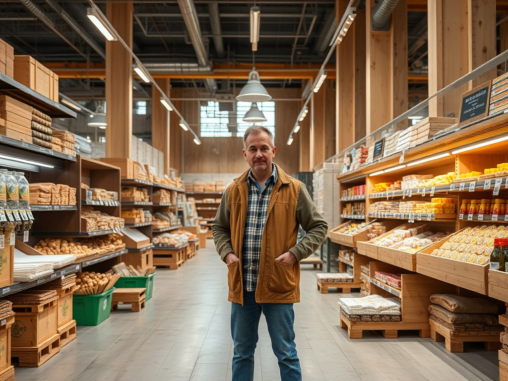 Мужчина стоит в продуктовом магазине среди полок с хлебобулочными изделиями и консервами.