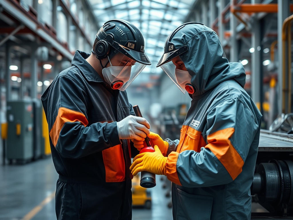Два рабочих в защитной одежде и масках, обсуждающих детали на производственном заводе.