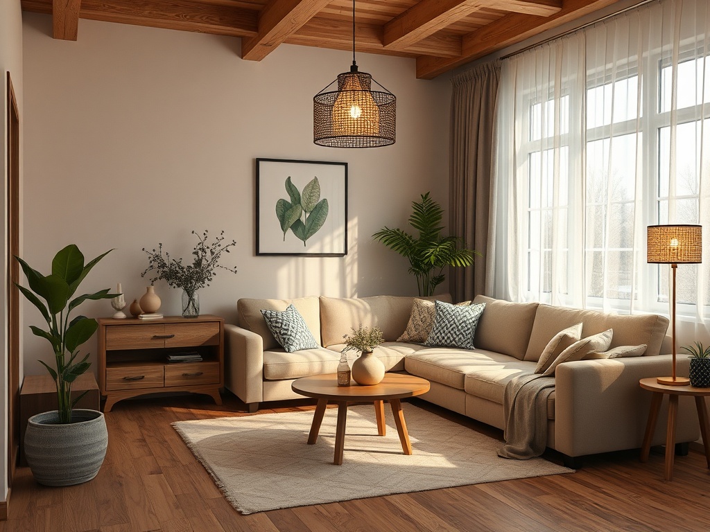 Уютная гостиная с угловым диваном, растениями и деревянными декорами, наполненная естественным светом.