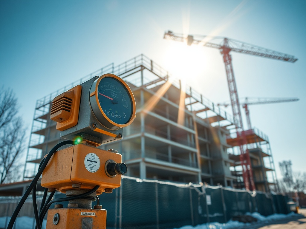 На переднем плане — уровень высоты, за ним строящийся жилой дом и поднимающийся кран на фоне солнечного неба.