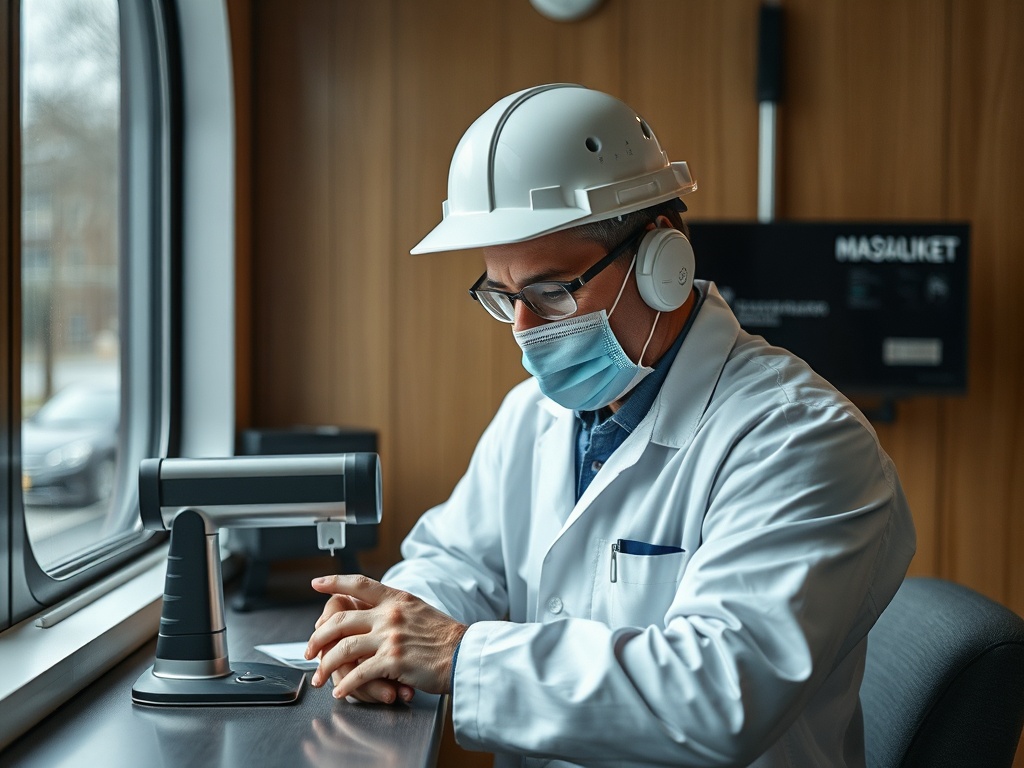 Мужчина в белом халате и каске работает за столом, слушая музыку и глядя в окно.