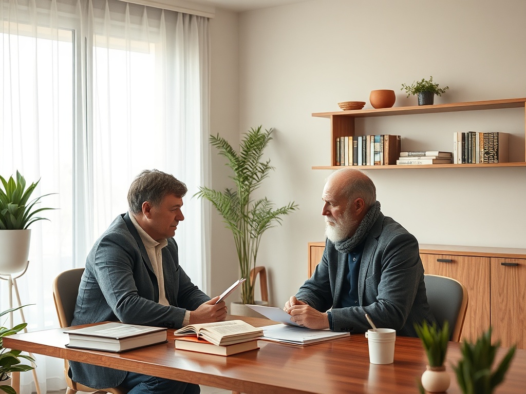 Два мужчины в офисе обсуждают документы за столом, окруженные растениями и книгами.