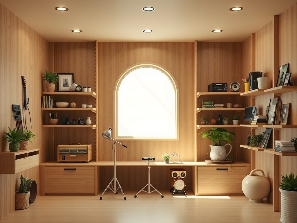 Современный интерьер комнаты с деревянными стенами, полками, растениями и музыкальным оборудованием.