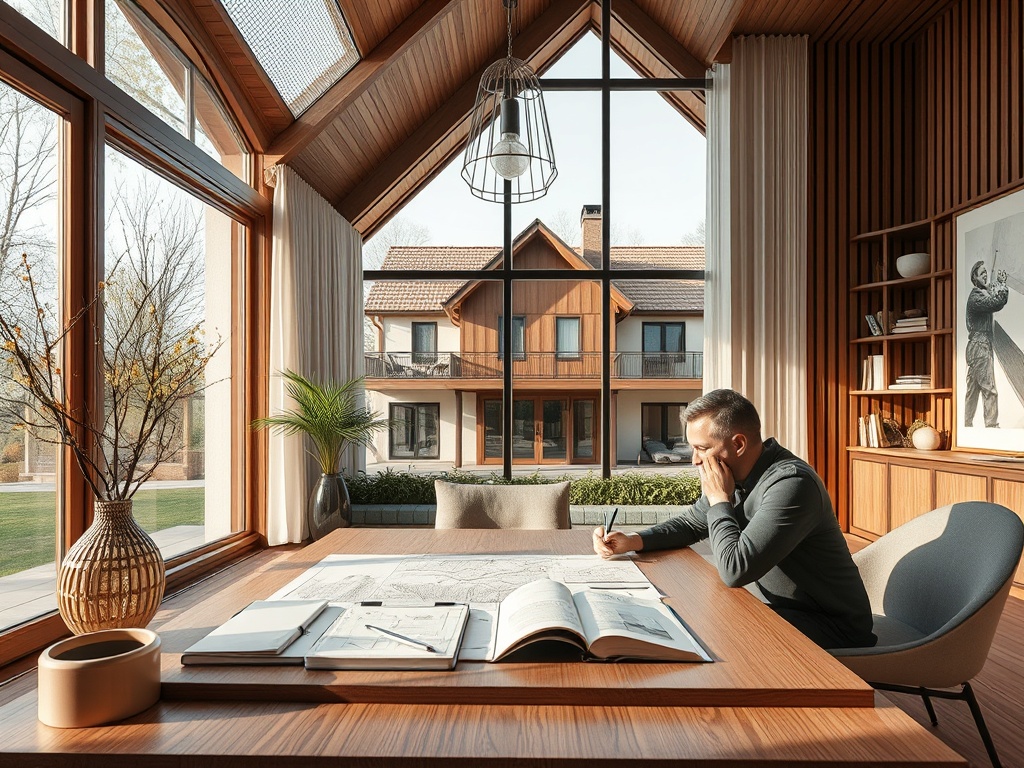 Мужчина сидит за столом в современном доме, планируя проект с чертежами. Вокруг много зелени.