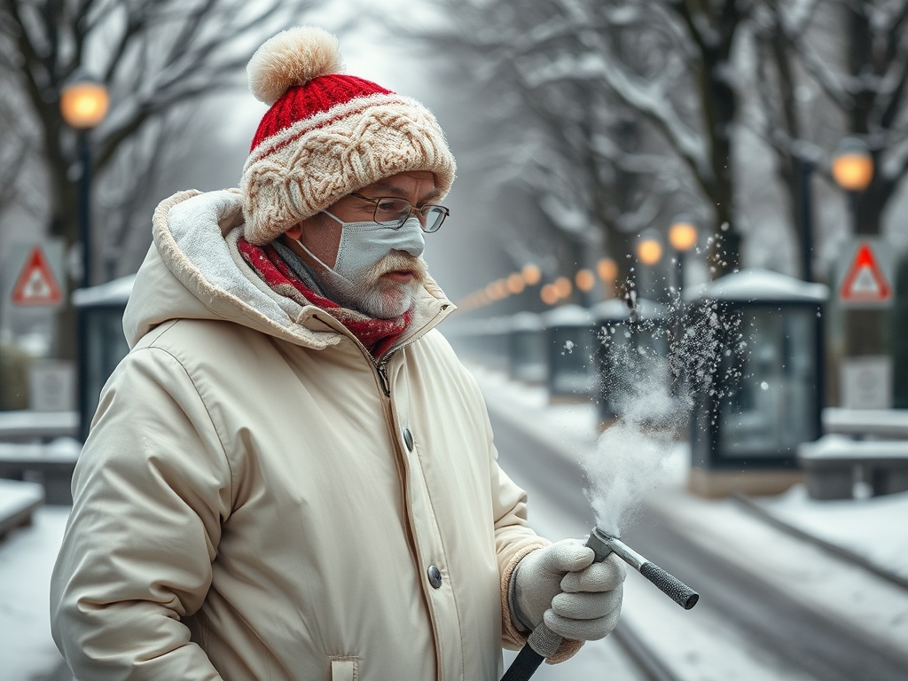 Пожилой человек в зимней одежде и маске стоит на улице, выпуская пар из трубы среди снега.