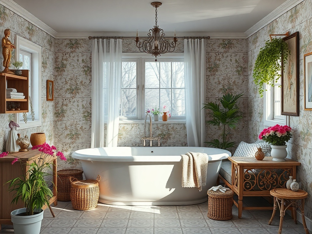 Светлая ванная комната с большим овальным окном, растениями и уютной обстановкой.