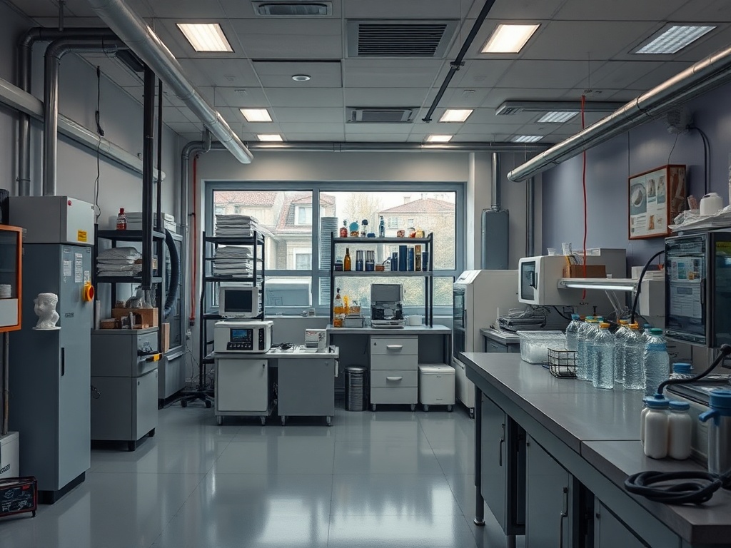 Современная лаборатория с оборудованием, столами и стеллажами для хранения материалов на окне.