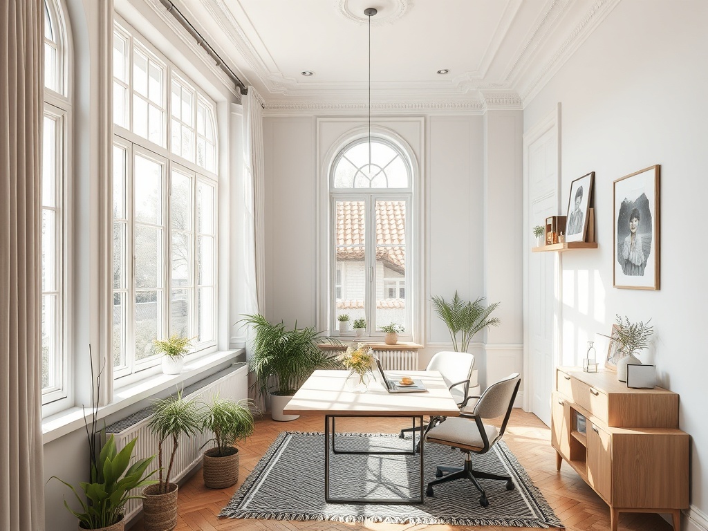 Светлое офисное пространство с большими окнами, растениями и деревянной мебелью. Уютная атмосфера.
