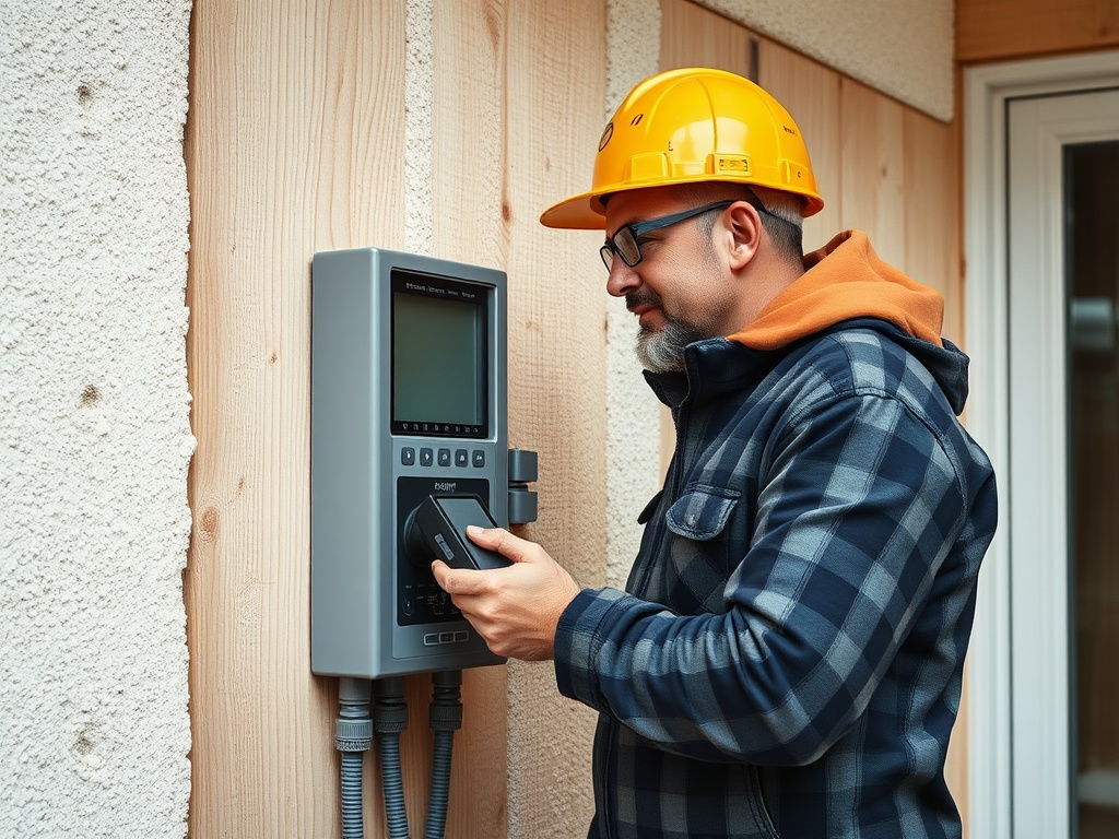 Рабочий в защитной каске настраивает устройство на стене, окружённой деревом и штукатуркой.