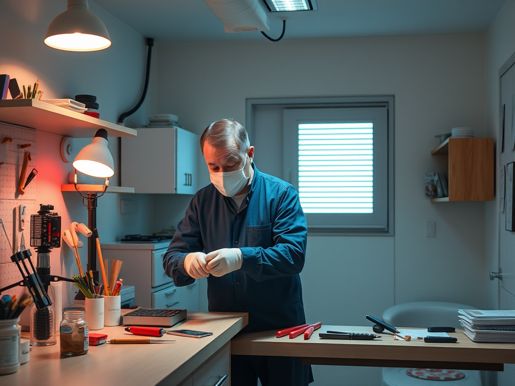 Мужчина в маске и перчатках работает за столом с инструментами в светлом помещении.