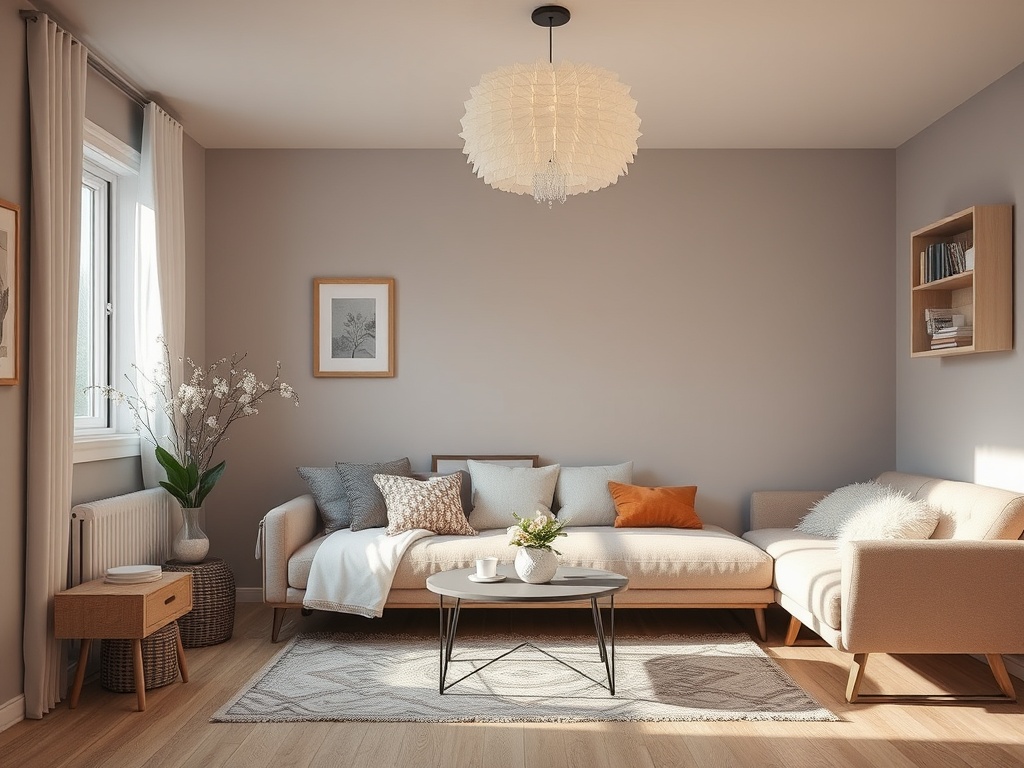 Современный уютный уголок: светлый диван, кофейный столик и декоративные элементы в гармоничном интерьере.