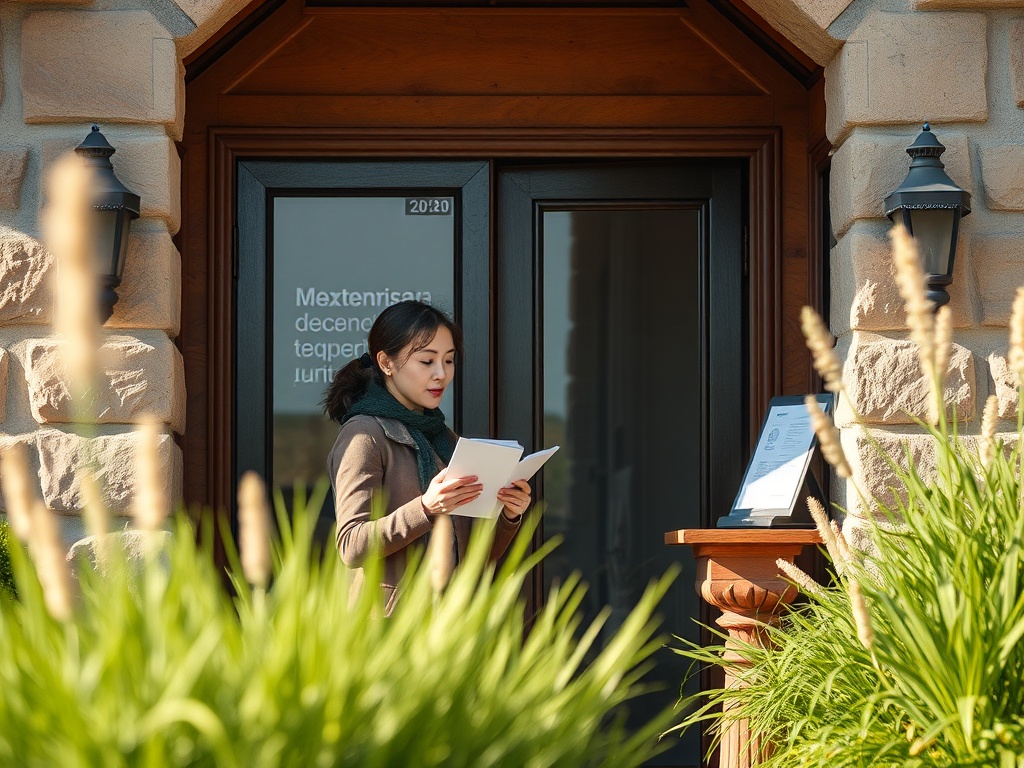 Женщина стоит у двери, держит документы, зелёные растения вокруг и светлая конструкция входа.
