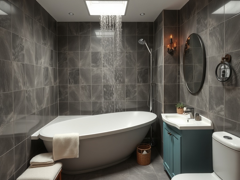 Современная ванная комната с угловой ванной, душем, зеркалом и раковиной на фоне серой плитки.