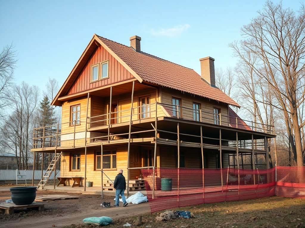 Деревянный дом в процессе строительства, окруженный лесом и строительными материалами.