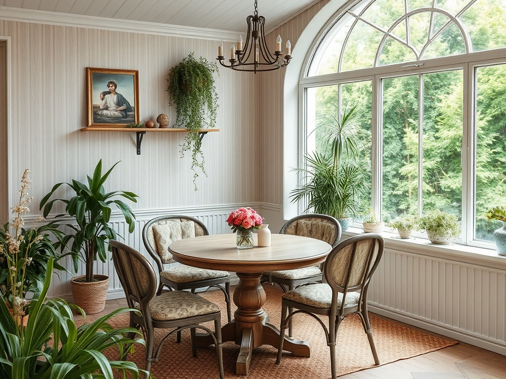 Уютная столовая с большим окном, столом, стульями и зелеными растениями, создающая атмосферу спокойствия.