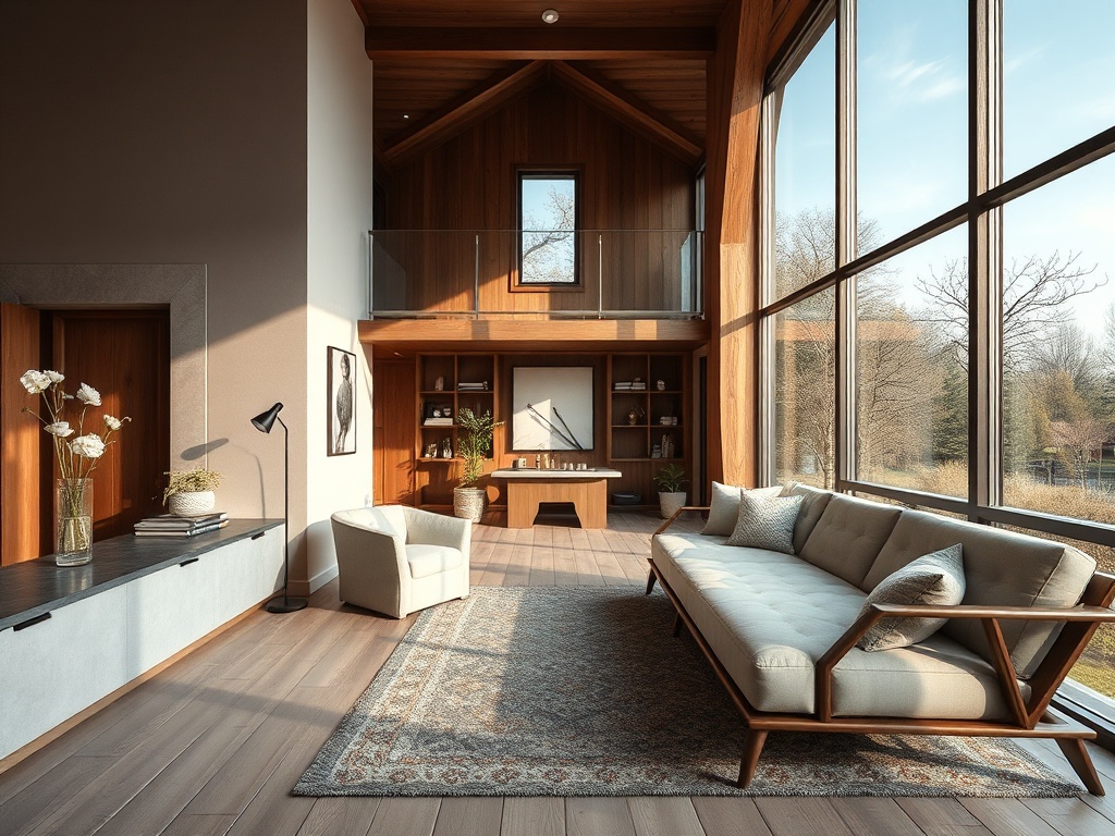 Современный интерьер с большим окном, светлым диваном и деревянными элементами оформления.