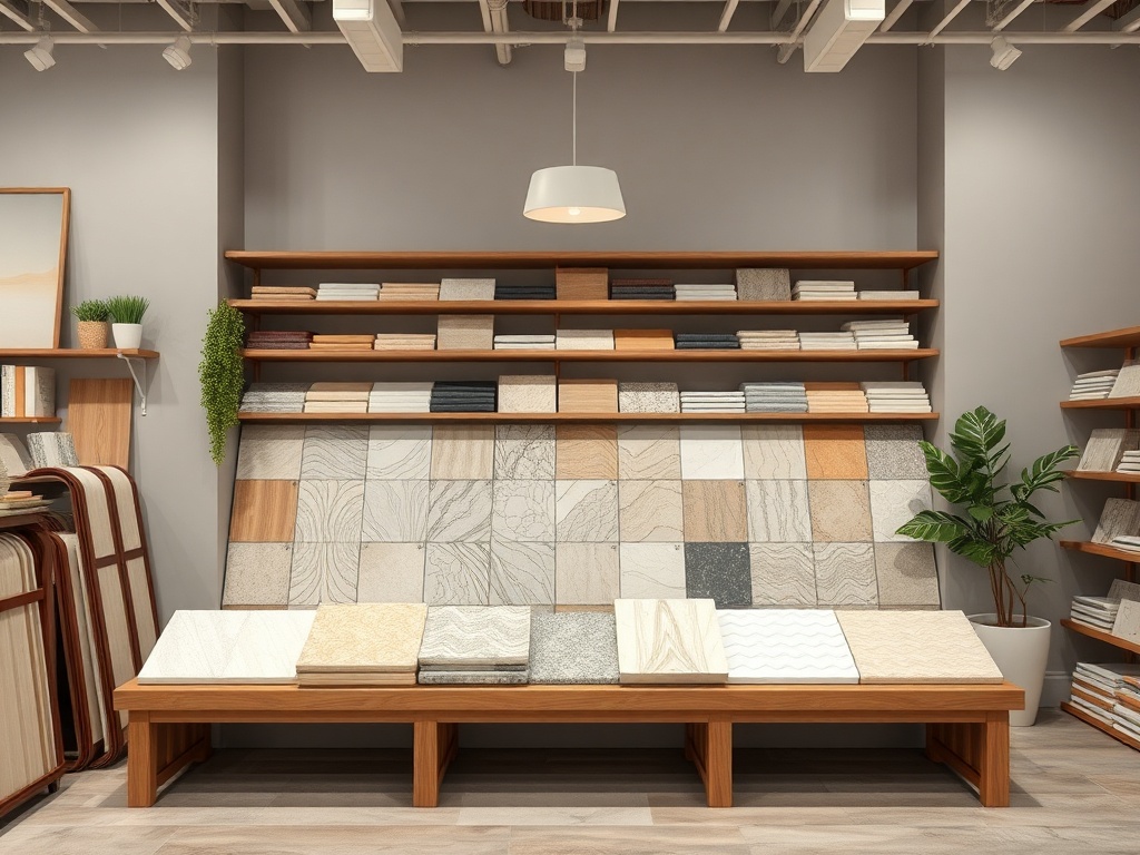 Интерьер магазина с образцами плитки и материалов на деревянных стойках, освещенный потолочным светильником.