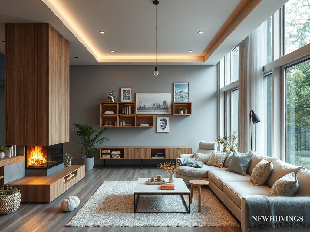 Современная гостиная с камином, светлыми стенами, деревянной мебелью и большими окнами. Уютная обстановка.
