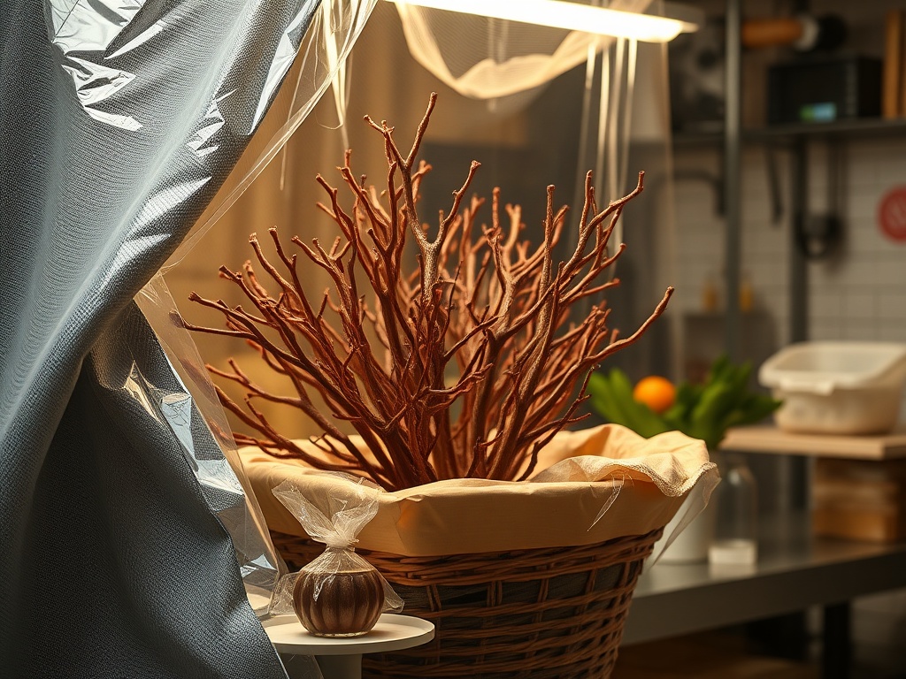 В корзине с тканевой оберткой находится ветвь, а на столе — сладость в упаковке.