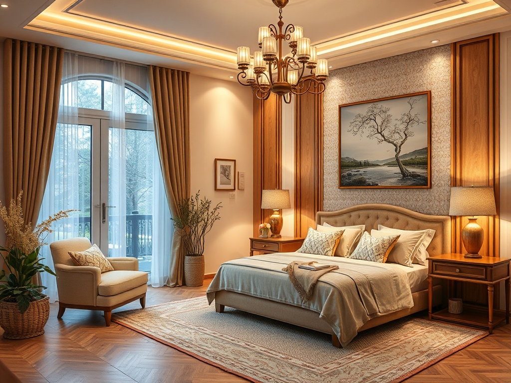 Современная спальня с большой кроватью, мягким светом и уютным креслом у окна. Стены украшены картинами.