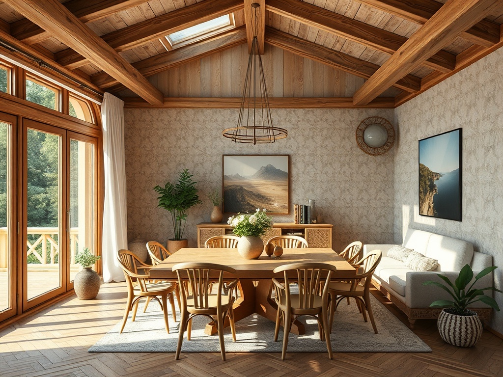 Современный уютный интерьер столовой с деревянным столом, стульями и большими окнами.