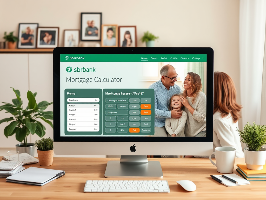 На изображении показан калькулятор ипотеки Sberbank на компьютере с семейной фотографией.
