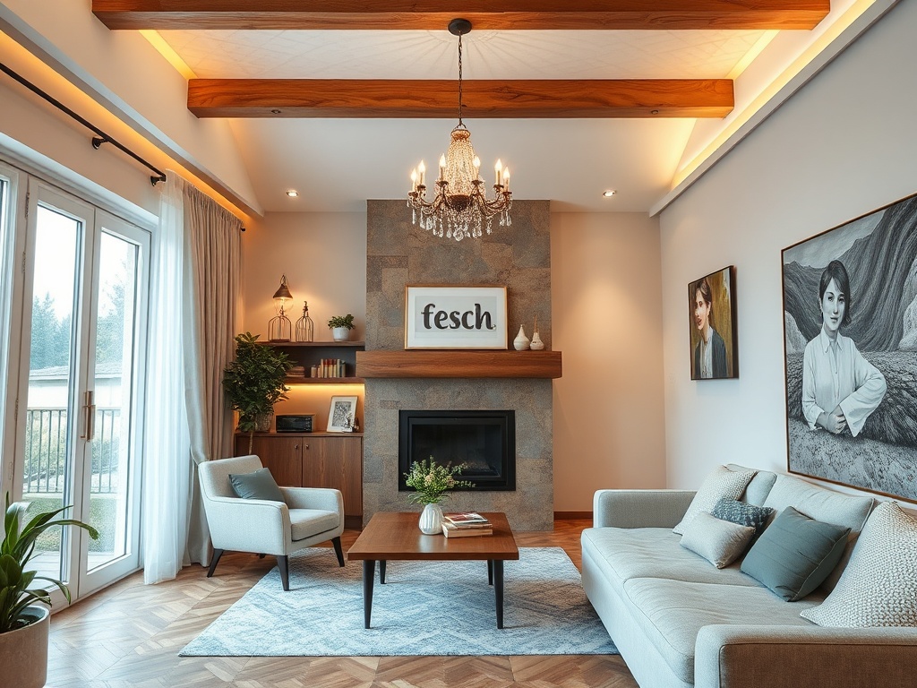 Современный уютный интерьер с камином, мягкой мебелью и картинами на стенах. Светлый и просторный зал.