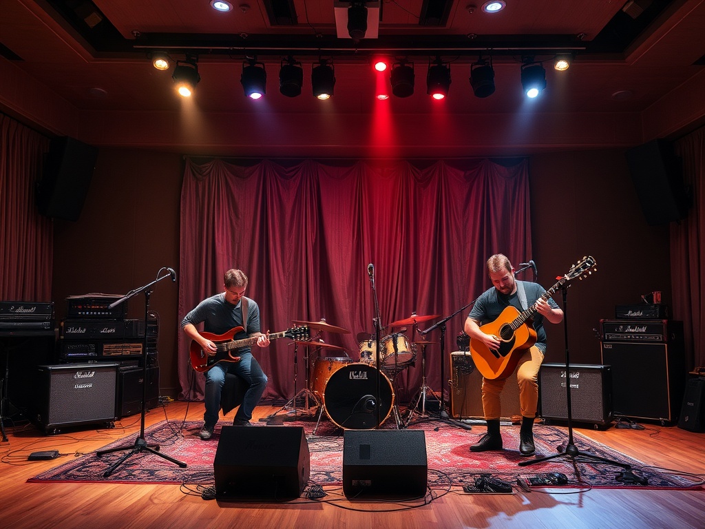 Два музыканта играют на акустических гитарах на сцене с подсветкой и музыкальным оборудованием.