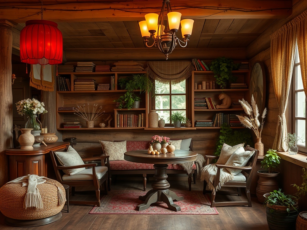 Уютная комната с деревянным интерьером, книжными полками, столом и комфортными креслами. Тёплый свет.