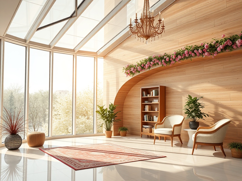 Светлая комната с большими окнами, растениями и уютной мебелью, украшенная цветами и люстрой.
