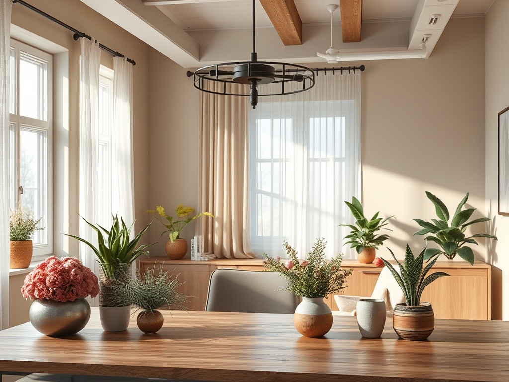 Светлая комната с деревянным столом, украшенная растениями в горшках и большими окнами.