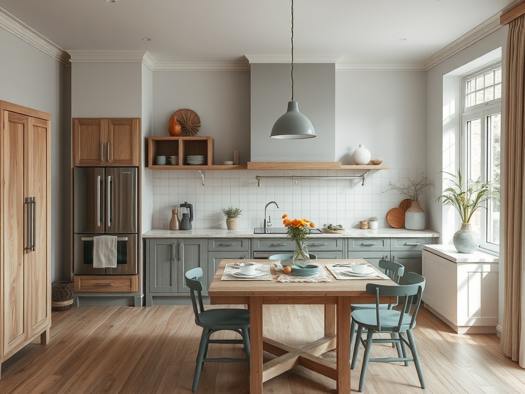 Современная кухня с деревянными деталями, столом, стульями и вазой с цветами на столе. Светлые тона.