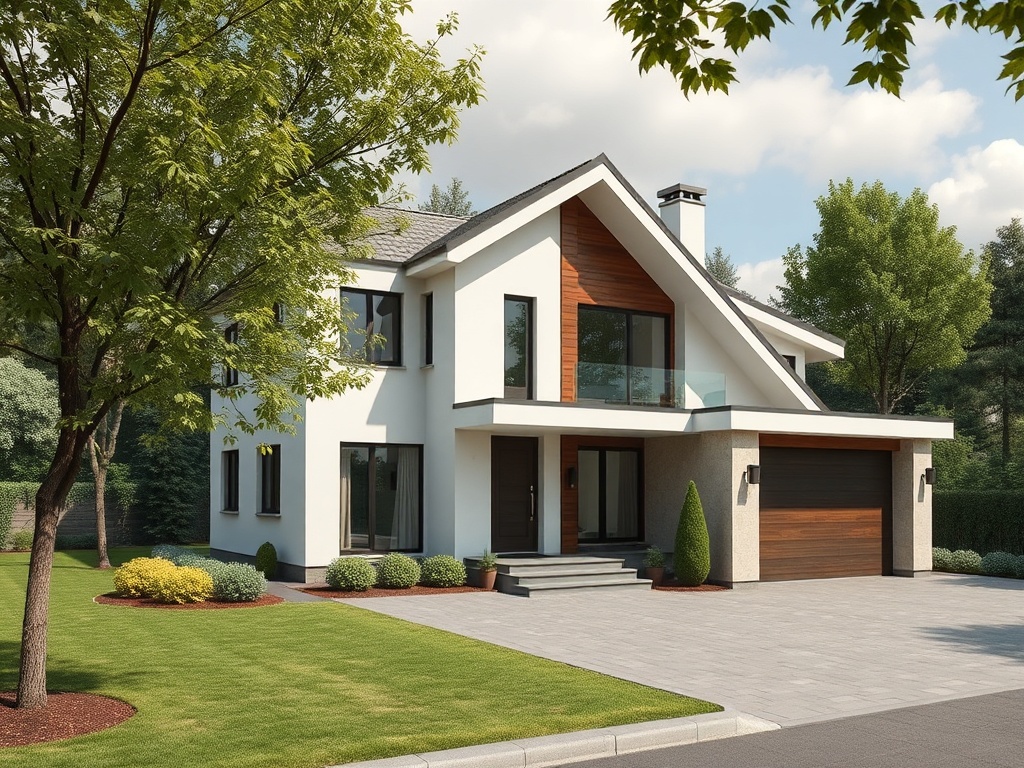 Современный двухэтажный дом с зеленым газоном и деревьями вокруг, стильный фасад с деревянными вставками.