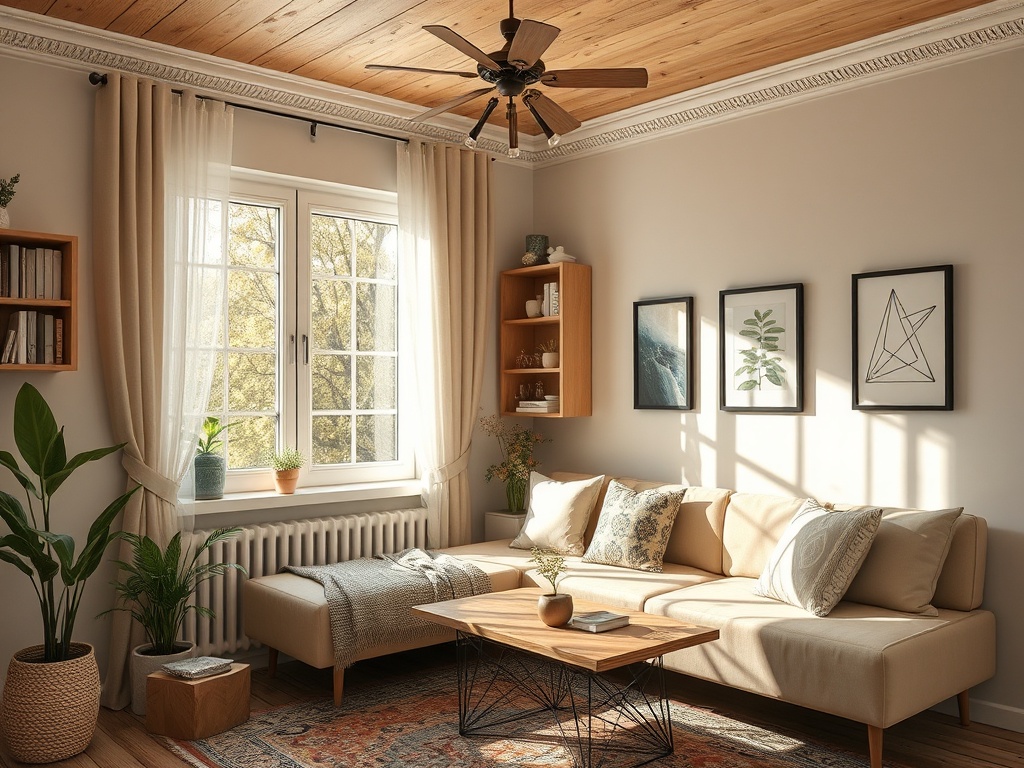 Светлая гостиная с уютным диваном, деревянными полами и окнами, пропускающими солнечный свет.