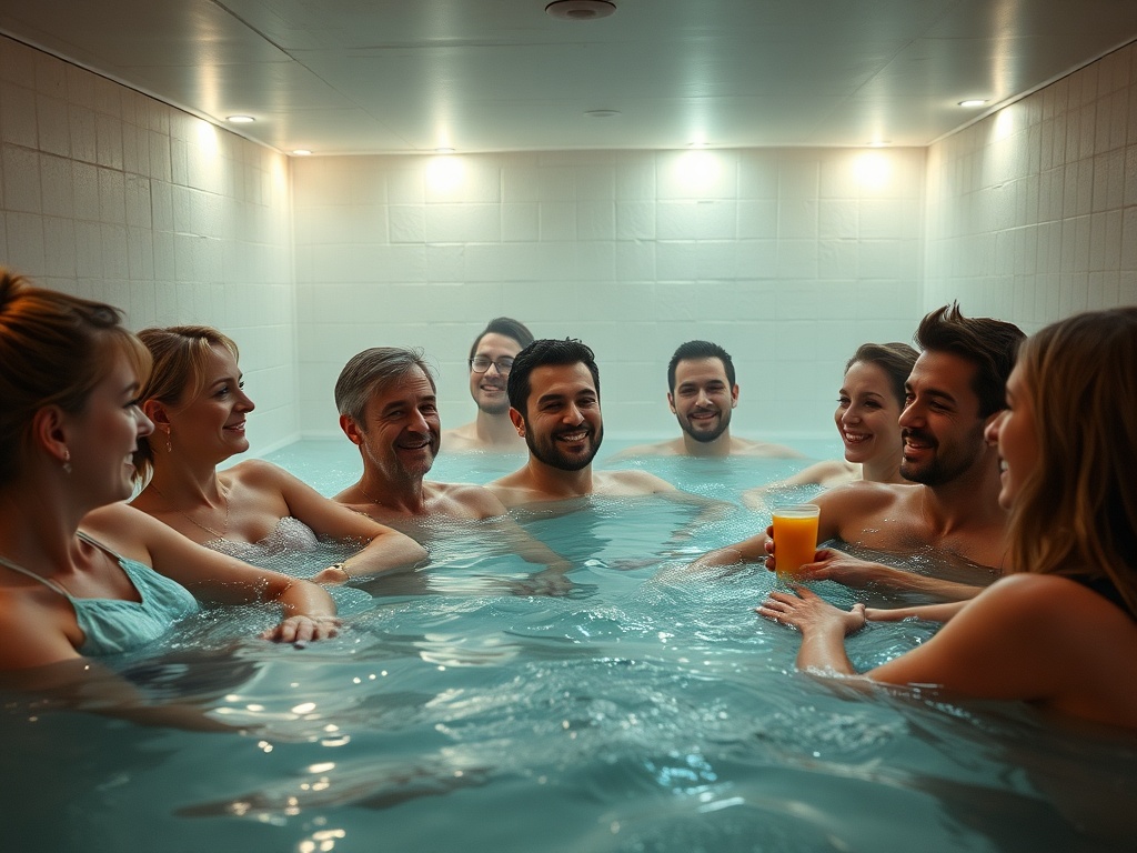 Группа людей наслаждается общением в теплой воде, уютно расположившись в спа-зоне.