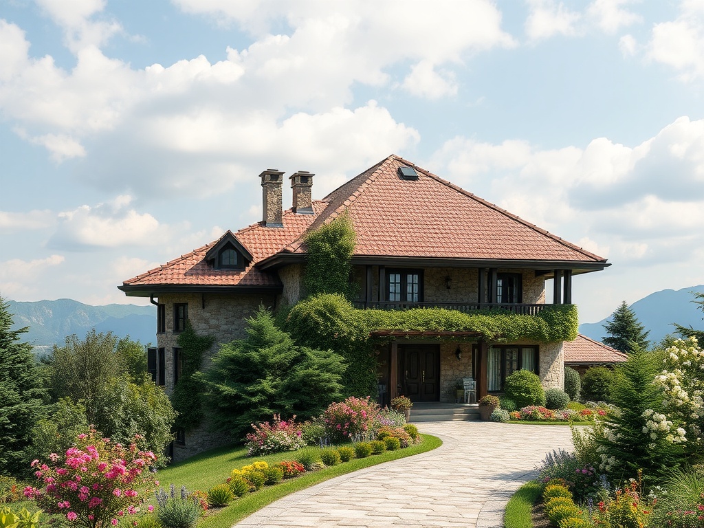 Красивый дом с красной крышей, окружённый цветами и зеленью, на фоне горного пейзажа.