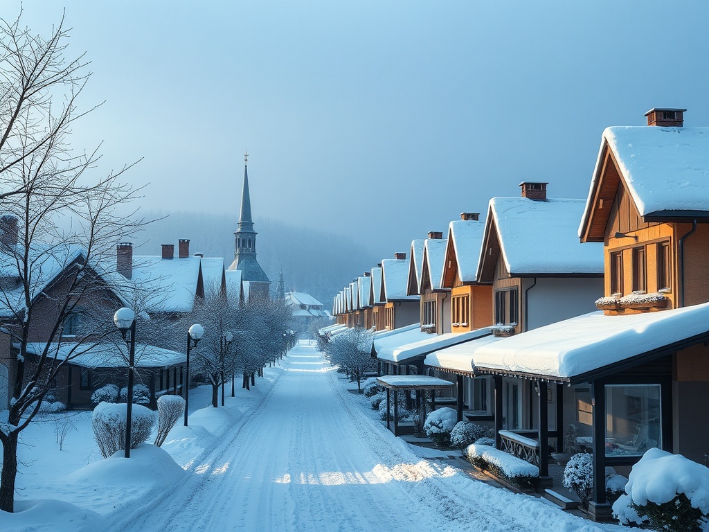 Зимний пейзаж с домами, усыпанными снегом, и церковью на фоне гор. Спокойная атмосфера и тихая улица.